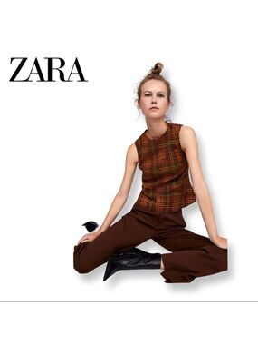 ZARA Woman Orange Plaid Peplum Sleeveless NEW Blouse Orange Yellow